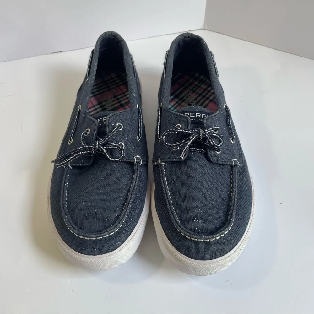Sperry Women/girl’s Bahama Boat Shoe Slip On Loafer Navy Shimmer Sz 5.5